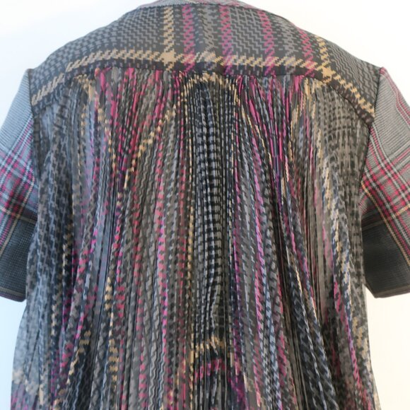 Women Sacai Black Gray Burgundy Plaid Short Sleeve Pleated Top Blouse M - Picture 8 of 14